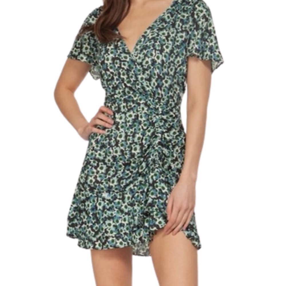 Dex Floral Ruffled Mini Dress Teal Blue Short Sleeve V Neck
